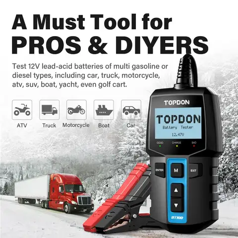TOPDON BT100 12V Digital Battery Analyzer, Automotive Load Tester, Cranking & Charging System Test, Fast & Accurate for Car, Boat, ATV, Yacht