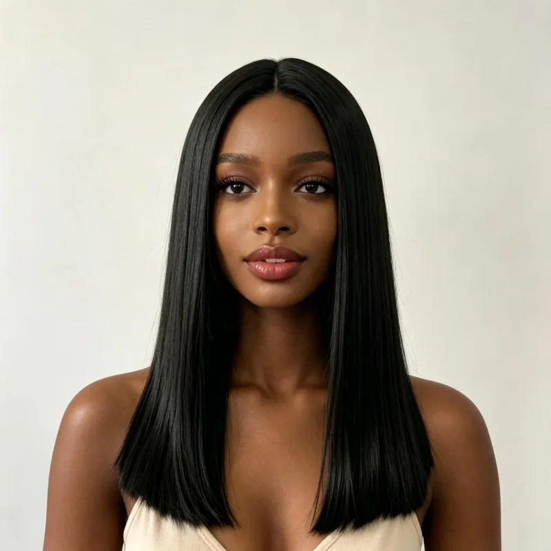 New wig for women, medium-long black straight hair, collarbone-length synthetic fiber wig
