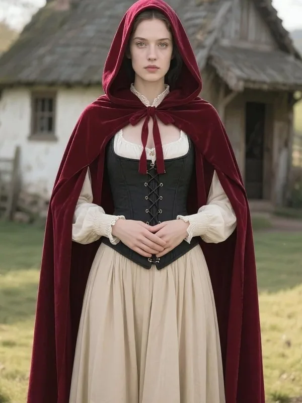 

Medieval Vintage Wine Red Velvet Cloak Halloween Role-playing Cosplay Lolita Little Red Riding Hood Robe Women's Fashion