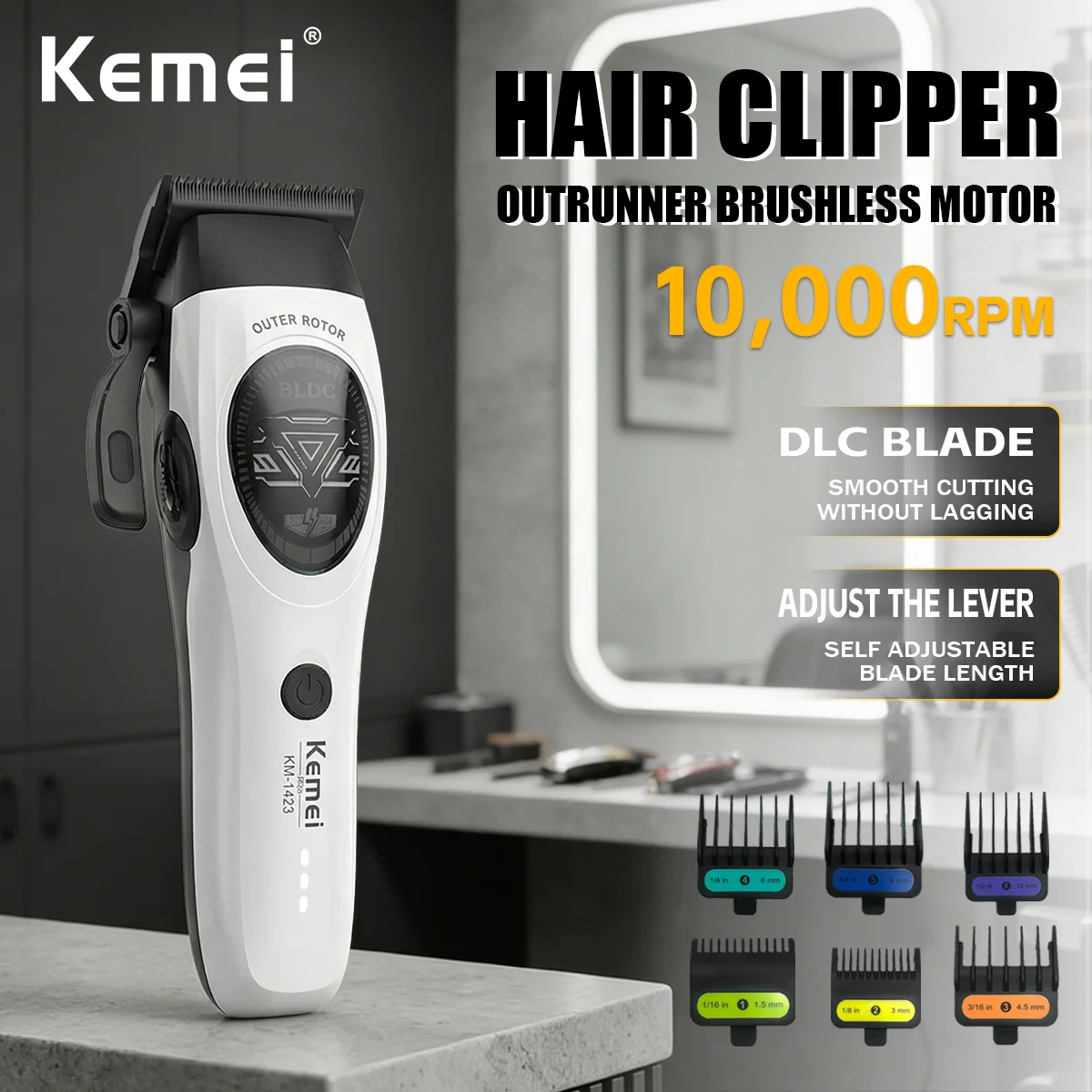 Kemei Trimmer Professional SPACE blades Rechargeable Hair Clippers 10000RPM External Rotor Adjustable Trimmer For Man KM-1423