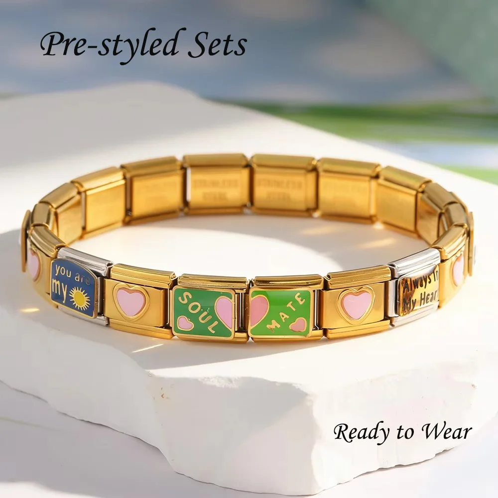 Gold Color Italian Stainless Steel Love Heart Charms Combination Module Bracelet for Lover Gift Eelastic Setachable Strap Chain