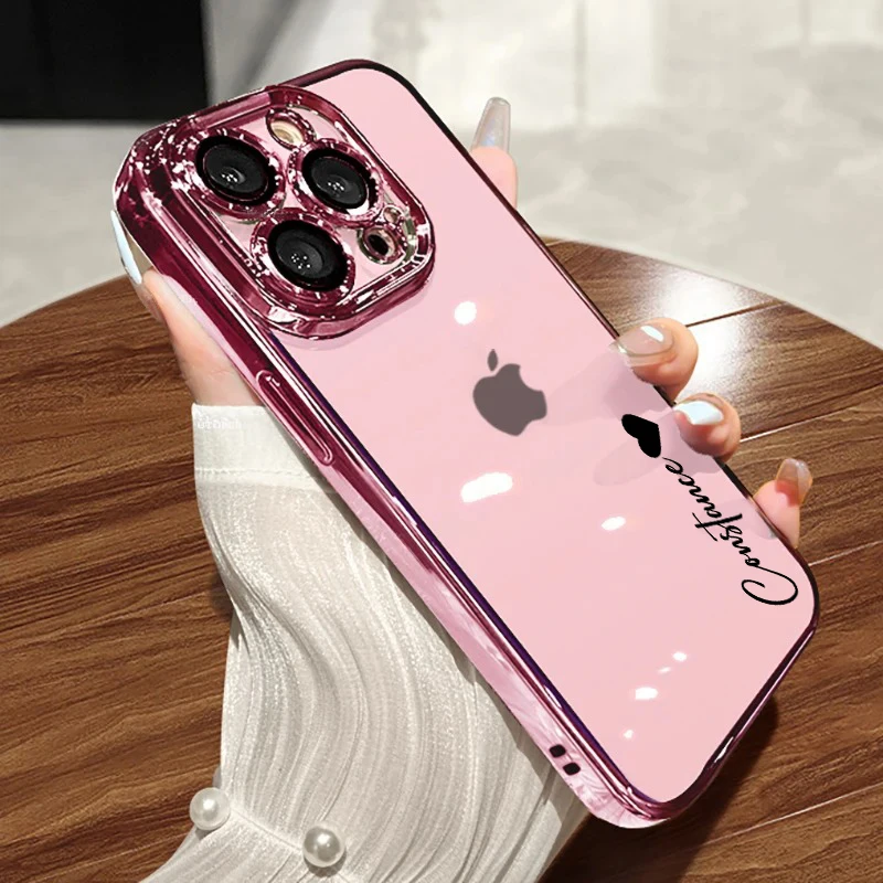 Personalized Name Soft Plating Clear Case For iPhone 16 15 14 13 12 11 Pro Max Luxury Transparent Custom DIY Cover 15 14 Pro Max