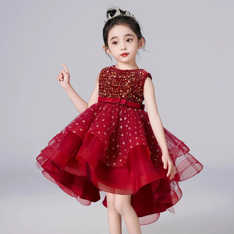 

2306 Girls' Sleeveless Mid Length Princess Performance Tailing Evening Dress Sequin Elegant Temperament Host Dance