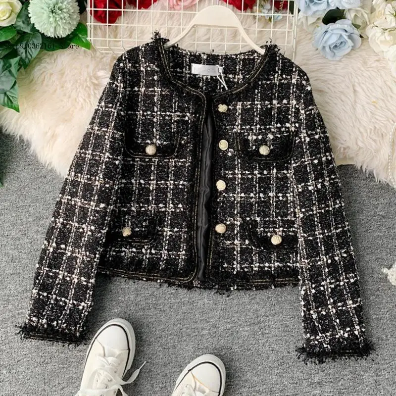 Short Woolen Elegant Autumn and Winter Vintage Tweed Coat Women's Korean Style Casual Fashion Patchwork