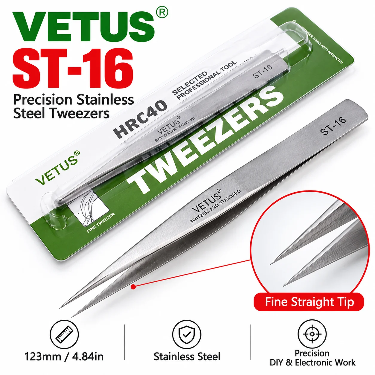 1 Pc Vetus Switzerland Precision Tweezers Stainless Steel Diy Tweezers Electrician Hand Tools ST-16