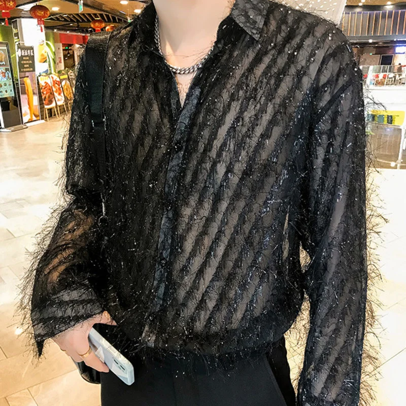

Korean Autumn Vintage Lace Dress Shirt Stage Clothing Men See Through Loose Casual Thin Sun Protection Long Sleeve Shirts Male