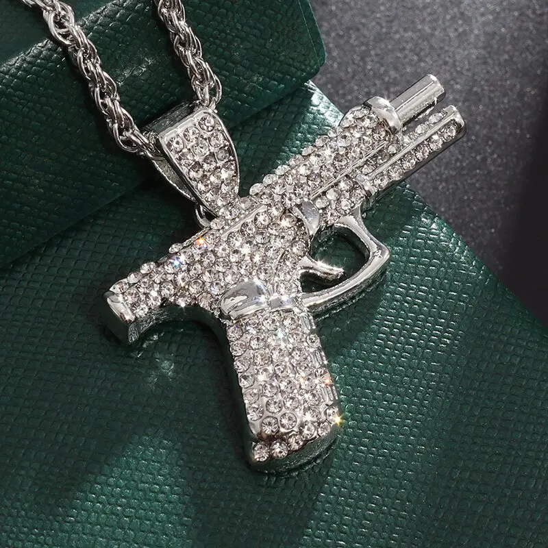 Bling Iced Out Pistol Pendant Submachine Gun Necklace Men Personality Hip Hop Rock Punk Cool Street Party Jewelry Gift view 3