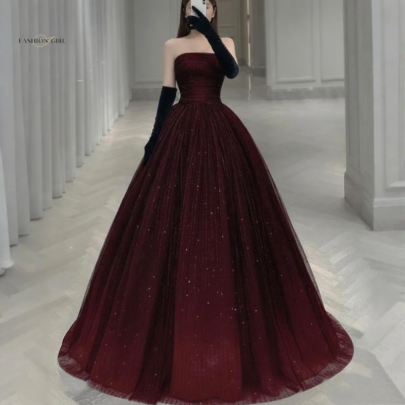 Customized Burgundy Beaded Ball Gown For Women's Formal Evening Gown Elegant Long Sheer Dress With Sparkling Sequins Ball Gown
