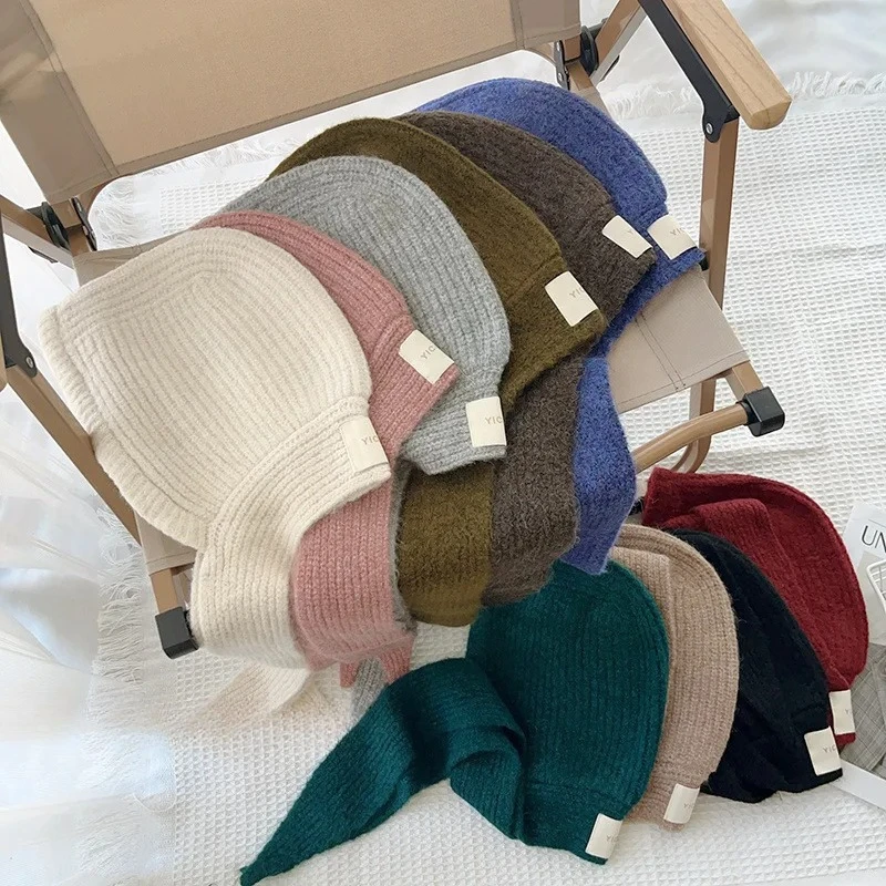 

2025 New Children's Knitted Hat Scarf Solid Color Soft Ealstic Kids Hats with Label Neck Warm Scarf Hat for Boys Girls