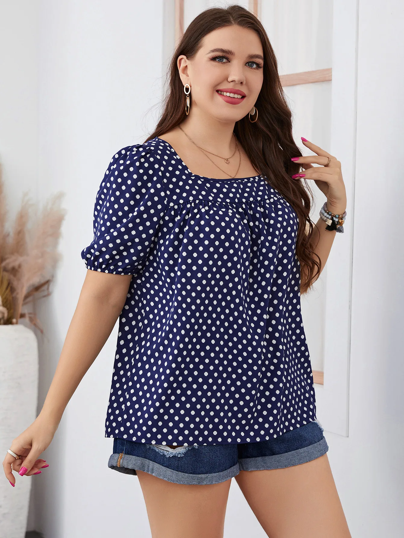 Blus kotak-kotak leher bulat wanita, blus Polka Dot kasual ukuran besar, elegan dan pemuda musim panas lengan pendek katun Tee gratis pengiriman