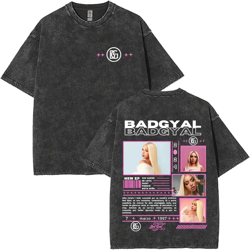 

Rapper Bad Gyal Album Graphics Print Mens Vintage Washed Punk Tee Shrit Trendy Harajuku O-Neck Cotton Casual T Shrits Streetwear