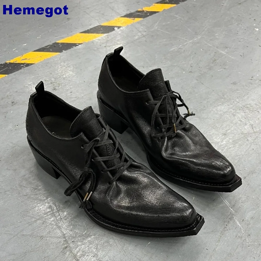 Thick Sole Square Toe Leather Shoes 2024 Summer New Thick Heel Lace Up Street Casual Retro Pump Black Office Comfort Women Shoes