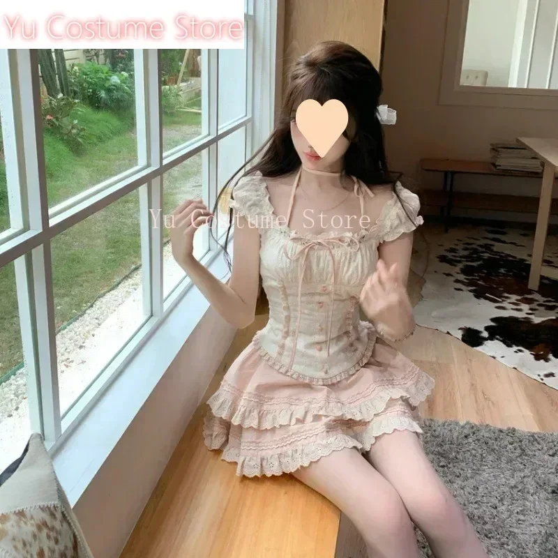 

Japanese 2 Piece Skirt Sets Women Casual Evening Party Clothing Vintage Lolita Suits Dress Female Chic Outwear Sweet Yu Costume