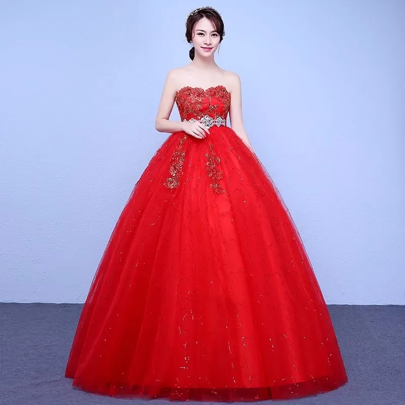 

Cheap Wedding Dresses Red Crystal Sequins Bling Strapless Lace up Plus size Princess Floor-length Simple Bride Ball Gowns XN026