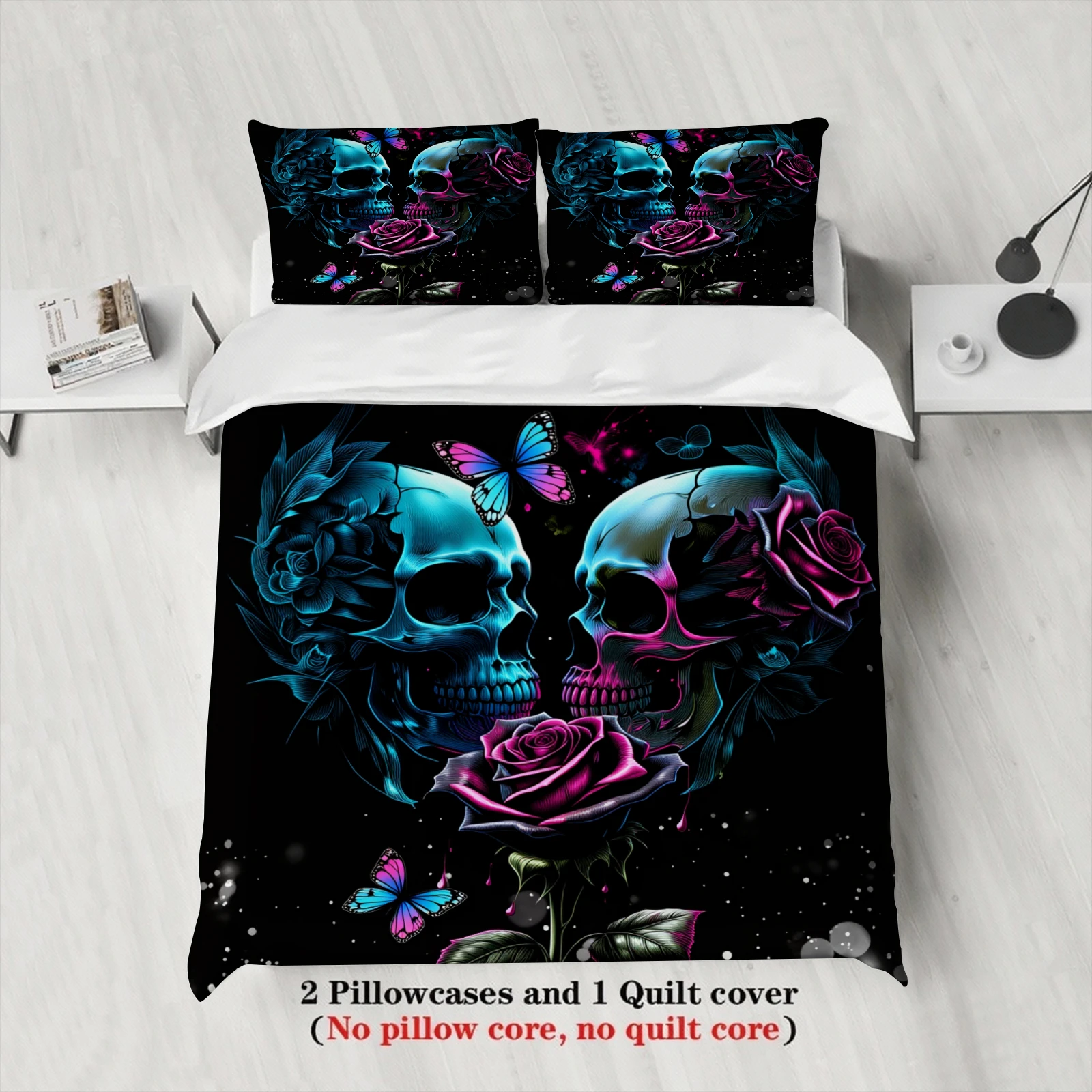 Pink Skull Rose Duvet Cover Set Gothic Skull Butterfly Bedding For Gothic Lovers Bedroom Twin Queen King Size With 2 Pillowcases