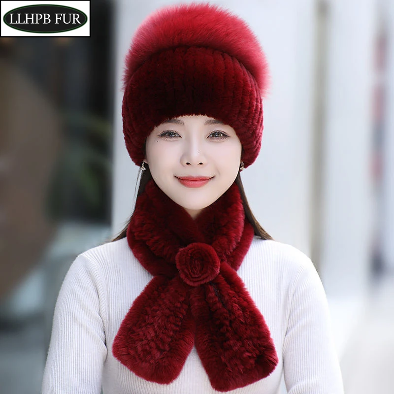 

Rex Rabbit Fur Hat Scarf Sets Women Winter Warm Luxury 100% Genuine Fox Fur Cap Rex Rabbit Fur Scarves Knitted Quality Fur Hats