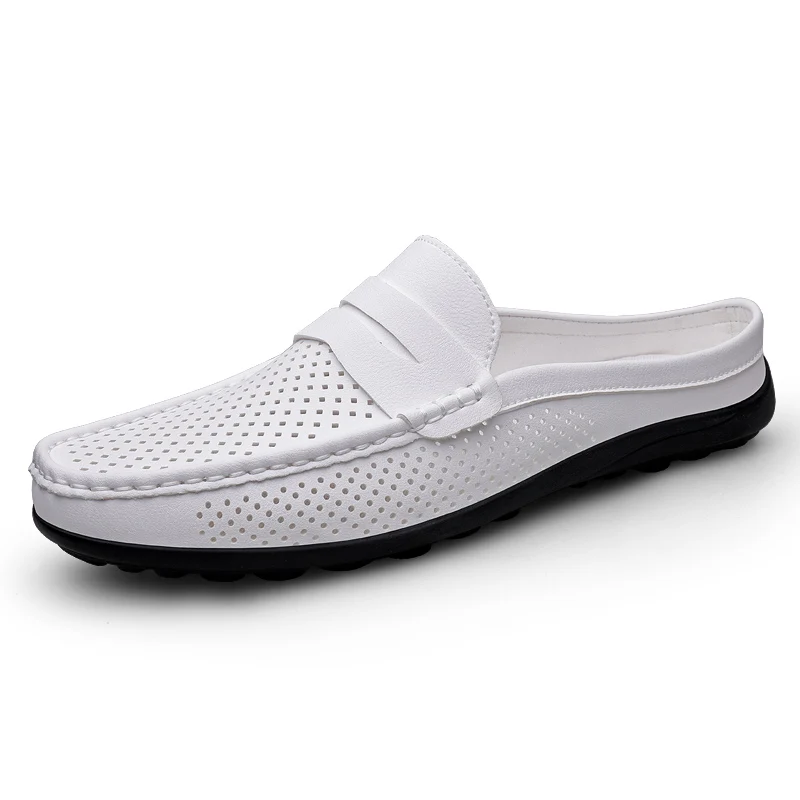 Summer Men Breathable Half Shoes Casual Leather Shoes White Black Slip On Loafers Shoes Big Size 46 47 Dropshipping