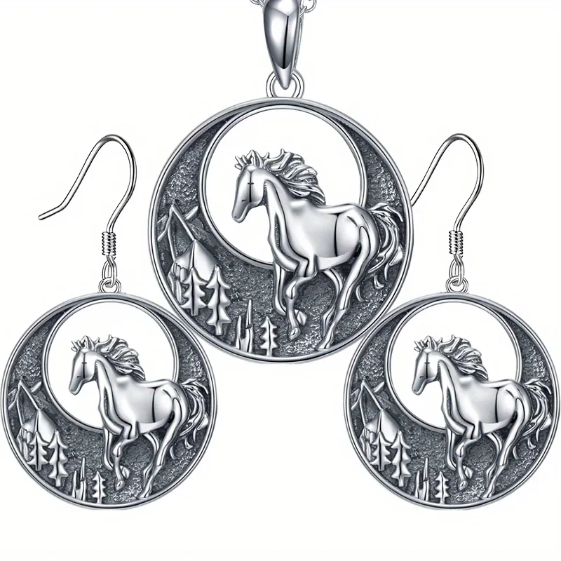 Fashion3pcs Retro Pony Round Pendant Necklace/Necklace & Earring Set, Exquisite Party Commemorative Jewelry Gifts  in A Niche St