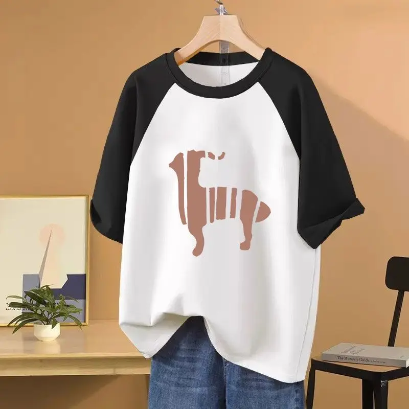 

Summer Cartoon Printed Loose Casual Basics M-6XL Pullover Women Clothing Short Sleeve T-shirt Lady O-neck Pure Cotton Top Tees