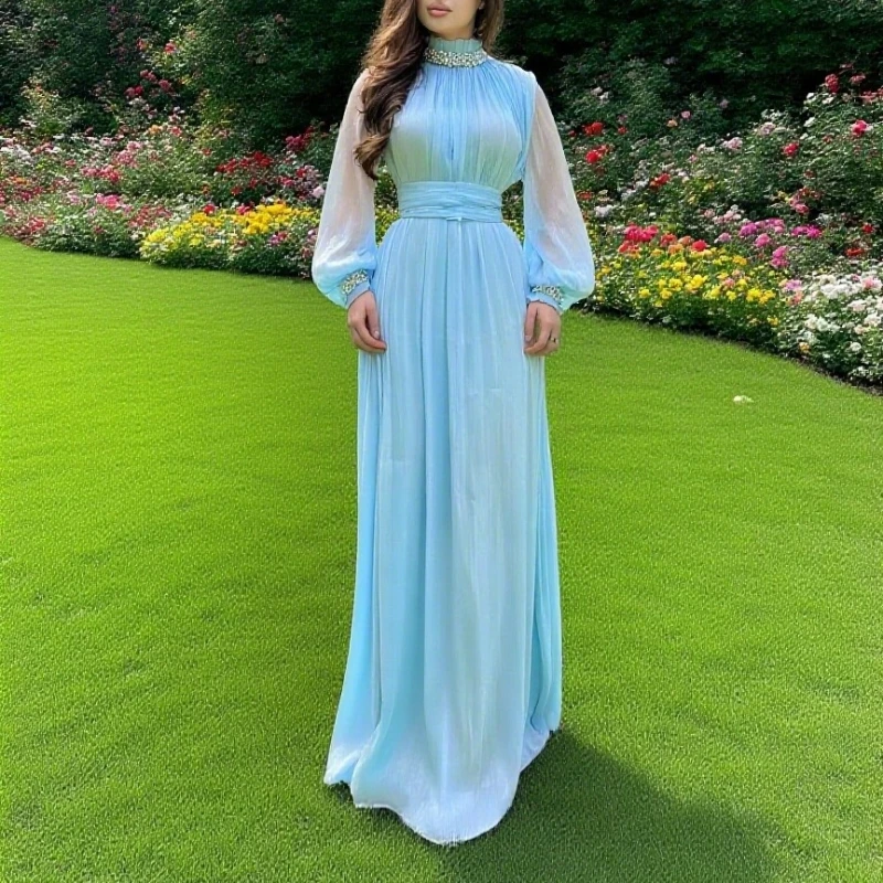 

Customized Arabic Evening Dresses Full Sleeve High Neck Pleat Crystal Formal Dress Floor-Length Prom Party Gown