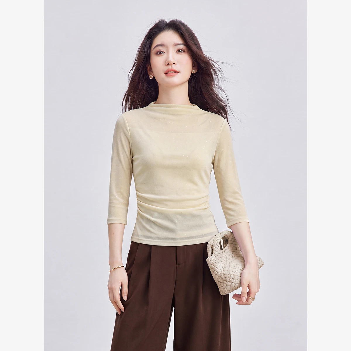 VIMLY Mock Neck T-shirt for Women 2026 Autumn French Apricot Glitter Mesh Layering Waist Cinched Tees Elegant Fashion Top A7578