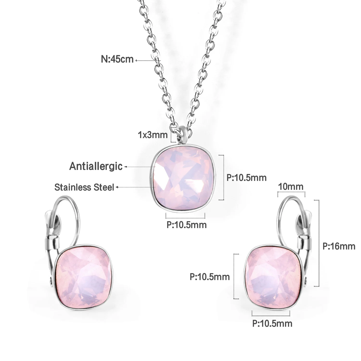 Square Zircon Necklace & Earring Set, Minimalist Elegant Jewelry