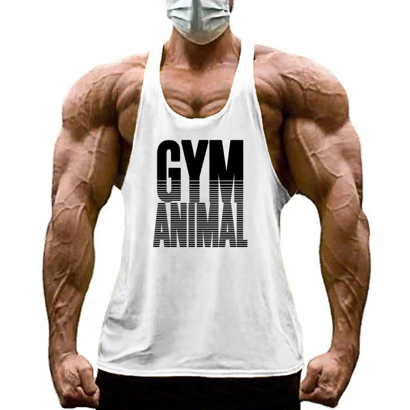 GYM ANIMAL Print Y Back Fitness Stringer Tank Top Mens Cotton Muscle Sleeveless Shirt Bodybuilding Clothing Workout Singlets