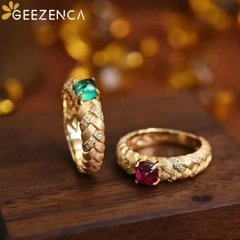 GEEZENCA 925 Sterling Silver Woven Pattern Red Corundum Green Spinel Rings For Women Italian Craft Luxury Gemstone Ring 2024 New