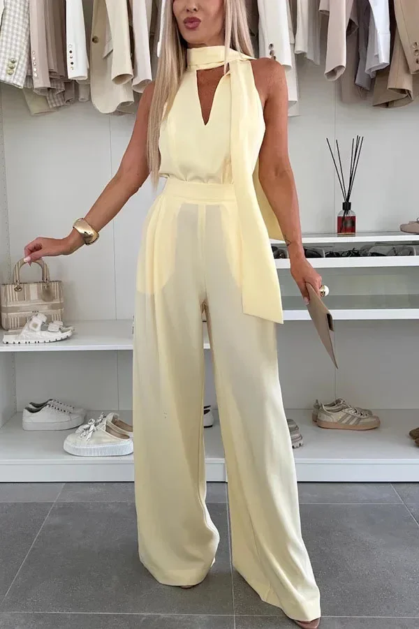 Elegant Office Lady Jumpsuits Spring Summer Fashion Slim V-neck Tie High Waist Sleeveless Solid Color Wide Leg Jumpsuits Women