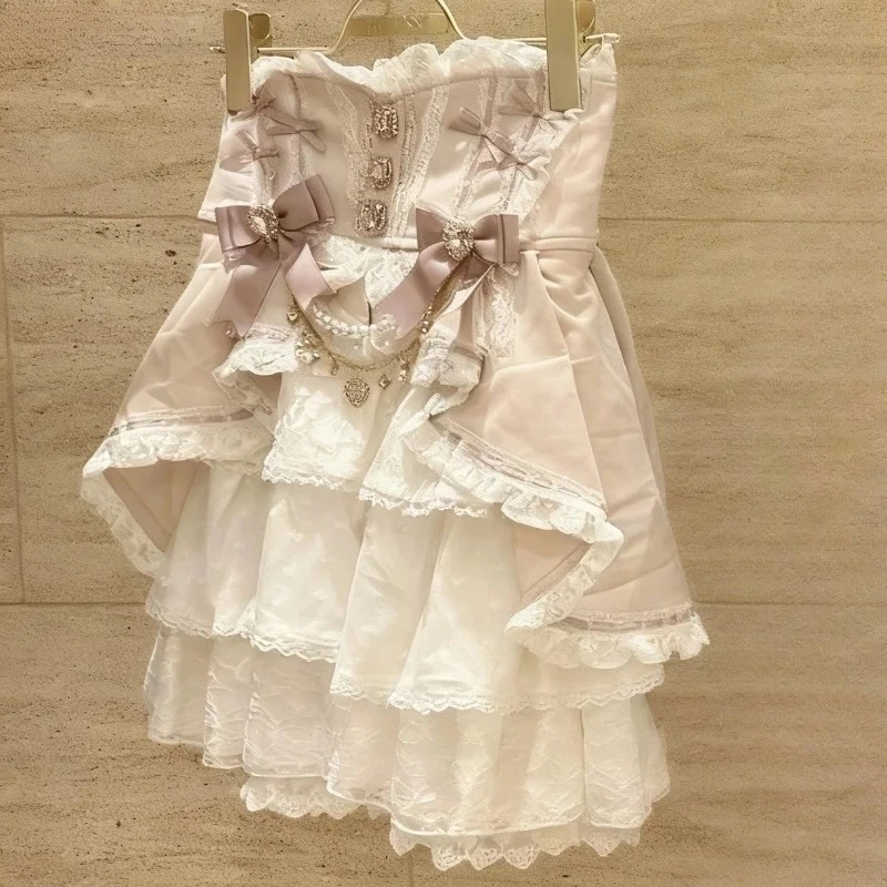 2026 Japanese Kawaii Lolita Mini Cake Skirt Girls Gothic Y2k Short Skirt Women Sweet Elegant Diamond Bow Pearl Chain Slim Skirt