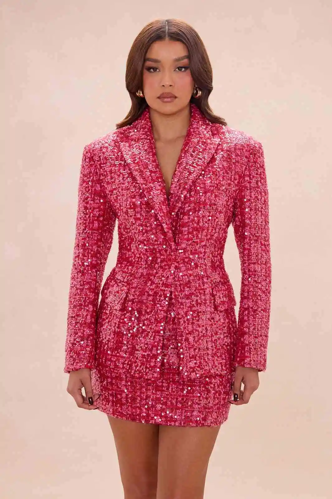 Glam Sequin Tweed Women 2 Piece Outfit Notched Lapel Fitted Blazer Mini Skirt Set For Cocktail Banquet Night Event Customized