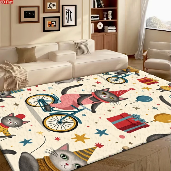 Cartoon Cat Party Themed Print Carpet Flooring Whimsical Household Area Rug Soft Decorative Indoor Floor Carpet