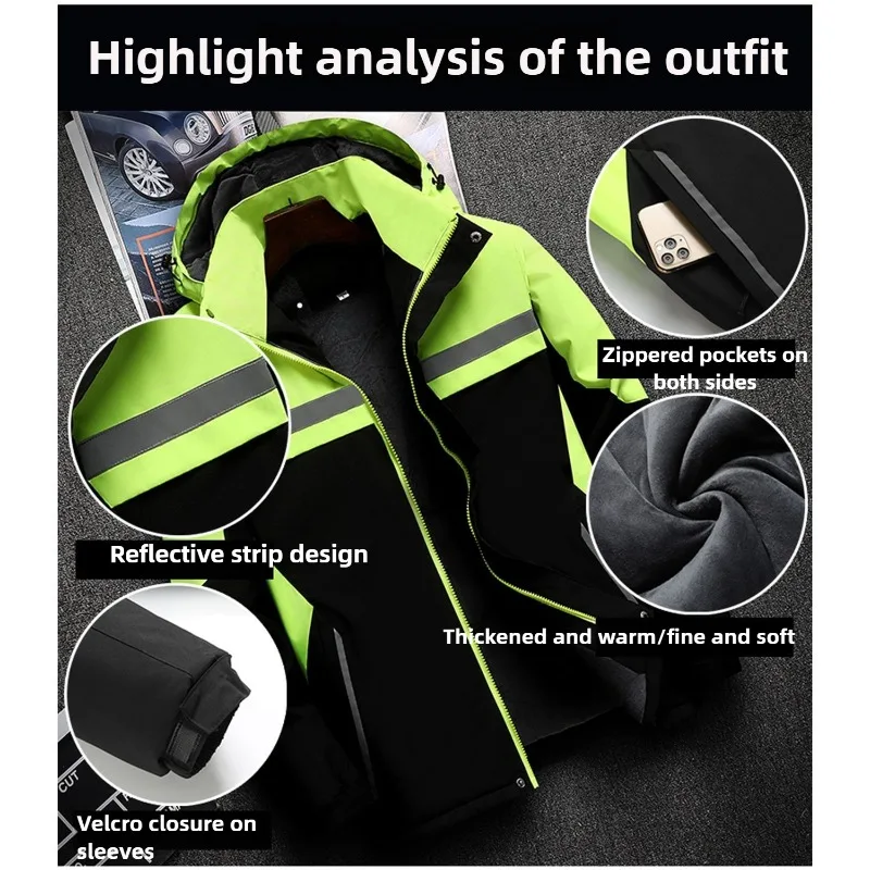سترة عمل شتوية جديدة، معطف حراري عاكس مقاوم للماء ومقاوم للرياح مع بطانة من الصوف، مقاوم للبقع في الهواء الطلق