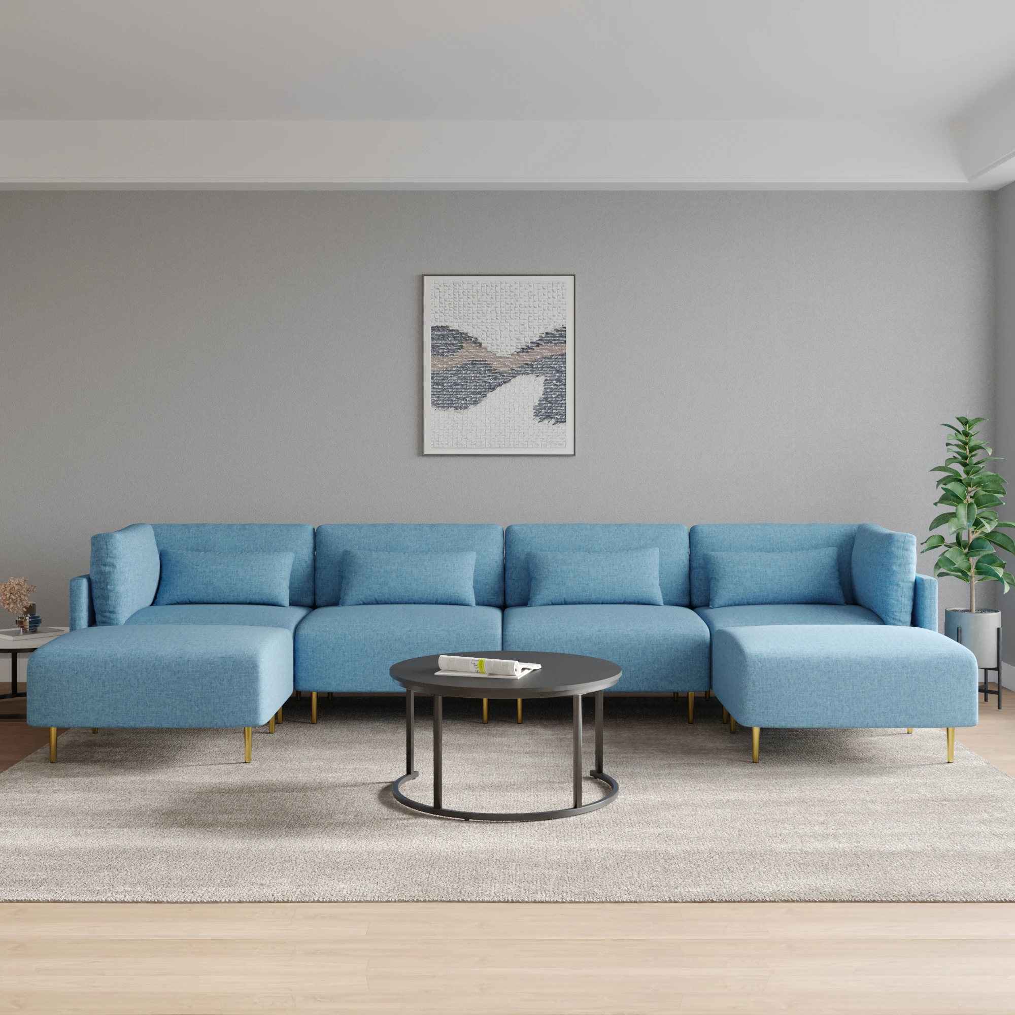In stock, it is a hot seller in the United States. Nordic blue fabric modular sofa U-shaped family sofa sofa.