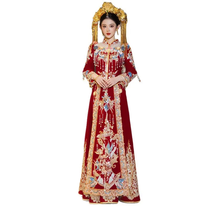 New Chinese Couple Vintage Mandarin Collar Cheongsam Toast Clothing Costume Dragon and Phoenix Embroidery Wedding Dress