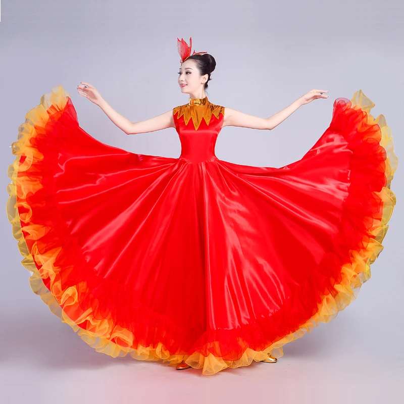 New  Adult Female Long Dress Woman Show Costume Opening Dance Large Swing Dress Chorus Performance and Spanish Dance Wear Red