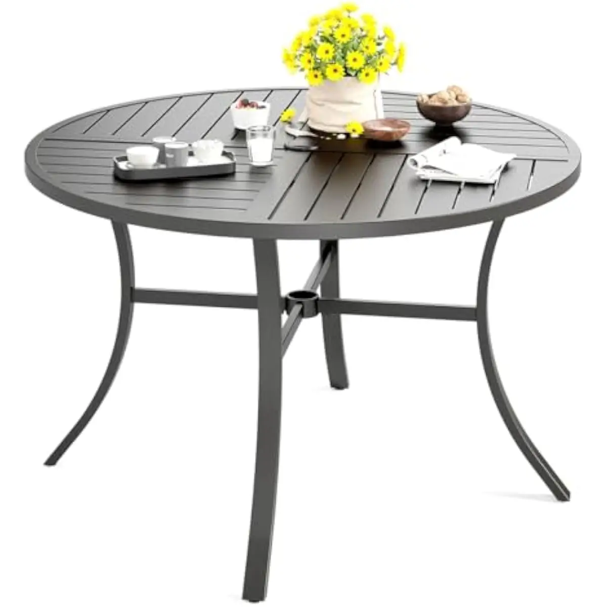 Round Outdoor Dining Table with Adjustable Umbrella Opening Steel Construction Weatherproof Rust Resistant Smooth Slatted Top Ea