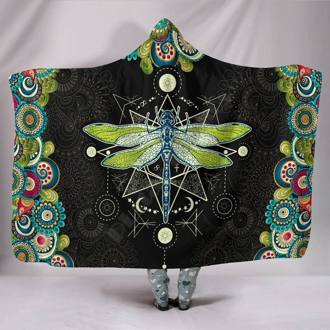 

Mystical Dragonfly Mandala Hooded Blanket Adult colorful child Sherpa Fleece Wearable Blanket Microfiber Bedding