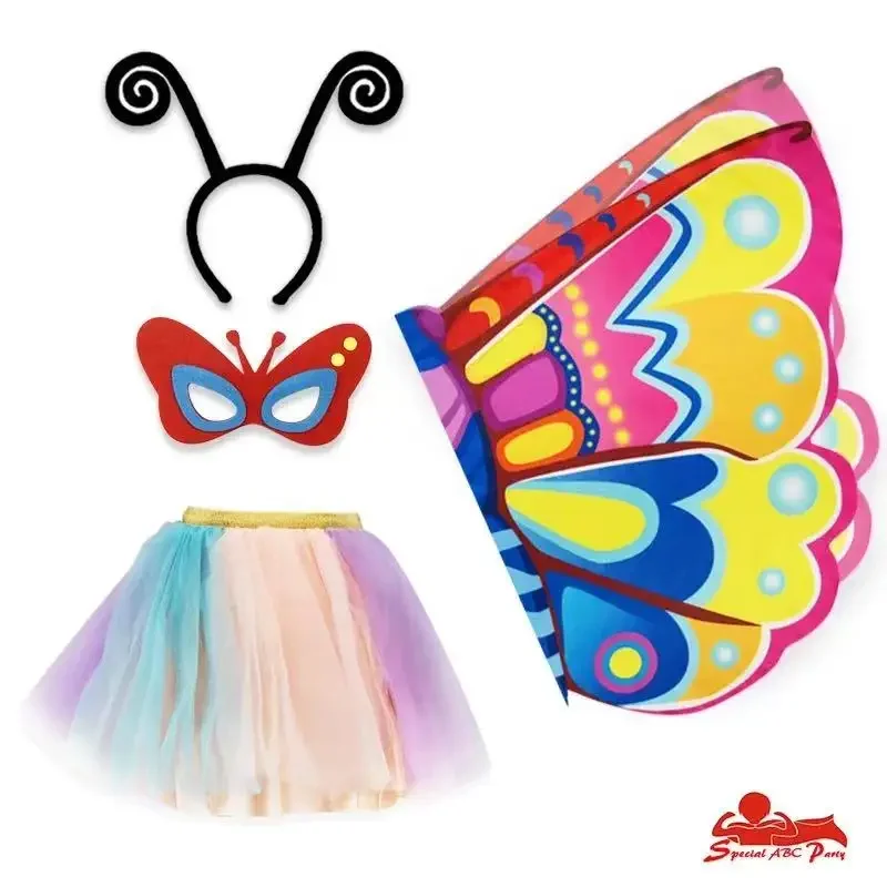 Ensemble de costumes de princesse papillon colorés pour enfants et filles, costumes de scène, bandeaux, jupes de lapin, 4 pièces