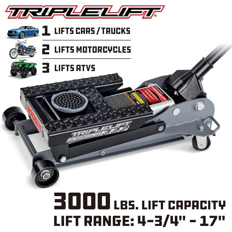 3000 Pound Triple Lift Garage Jack, Heavy Duty Vehicle, Truck, Car, Motorcycle, Transmission Lift, 1.5 Ton Capacity, 620622