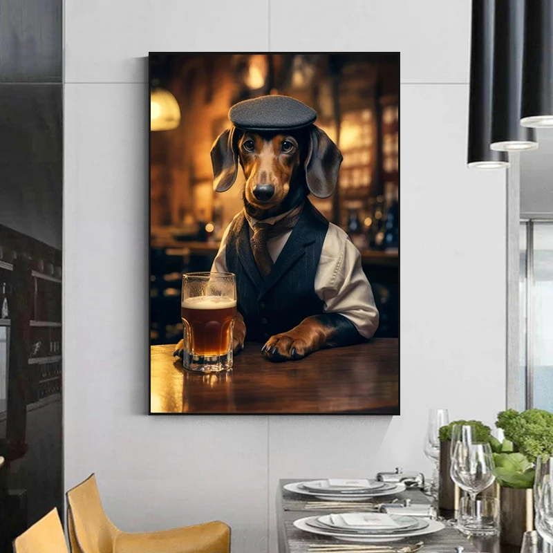 Cute Dog in The Pub Poster Prints Canvas Painting Pug German Shepherd Corgi Collie Animal Beer Wall Art Room Home Decor Cuadros