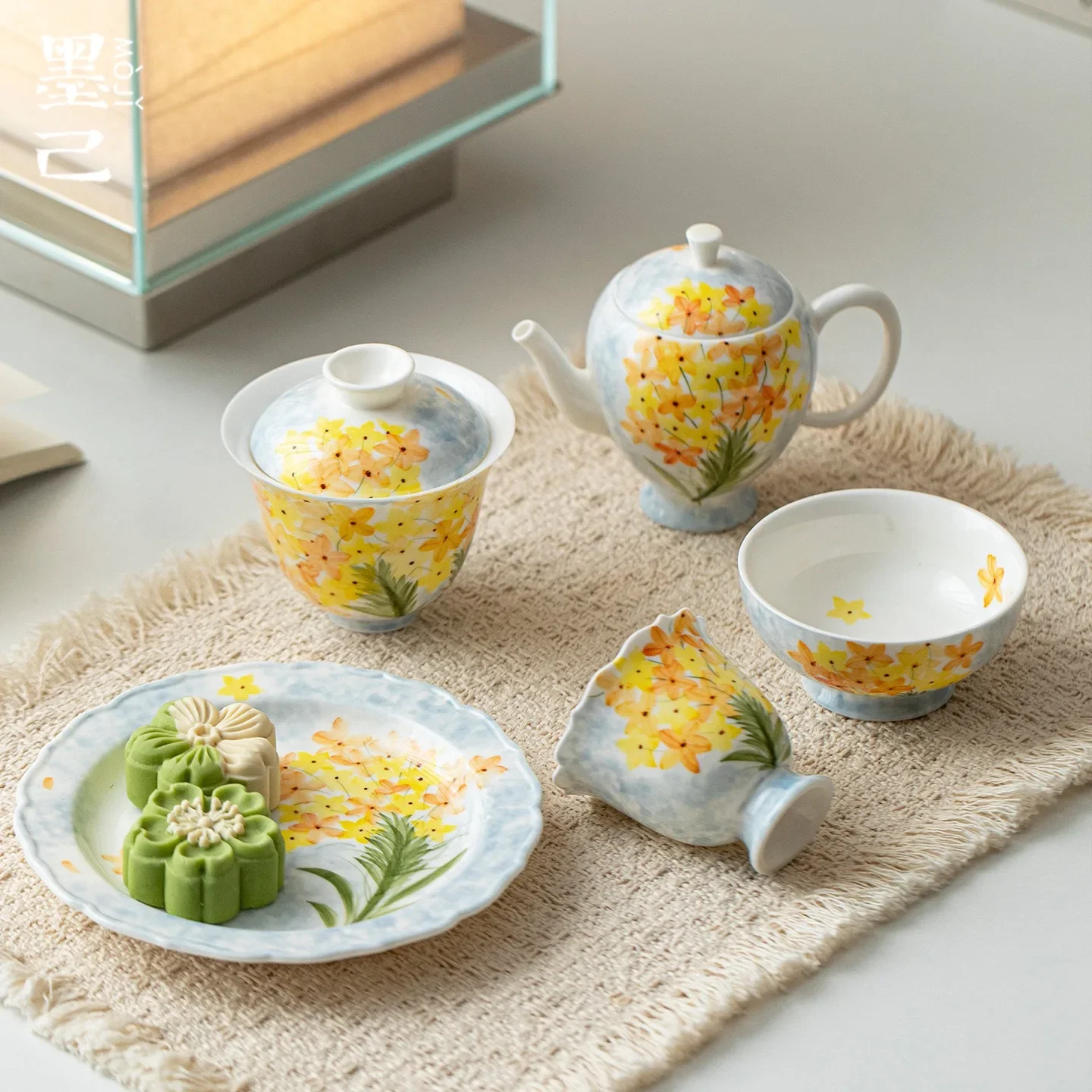 Smudge and Dye Hand-painted Venus Blue Ripple Hand-painted Oil Painting Style Collection Kung Fu TeaSet Teapot Cover Bowl Teacup