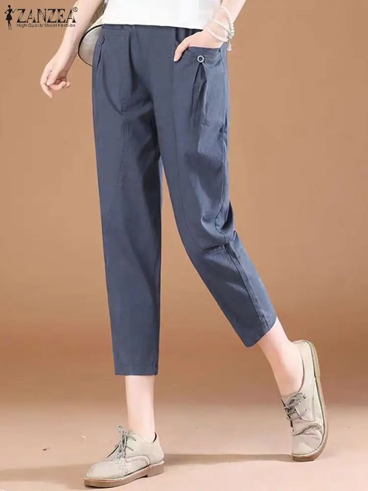 ZANZEA 2024 Summer Cropped Long Pants Vintage Women Harem Pants Elastic Waist Casual Trousers Pocket Loose Solid Color Pantalons