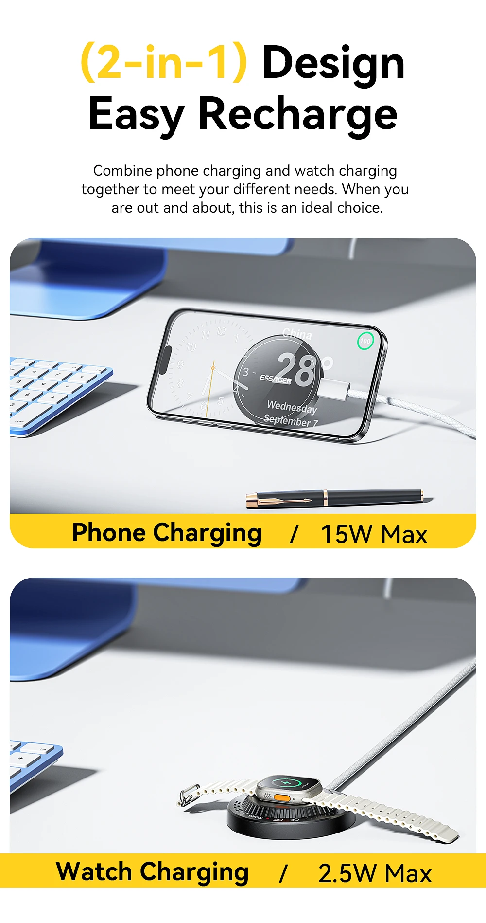 Essager 2-in-1 Magnetic Wireless Charger 15W With Holder Portable Fast Charging For iPhone 16 15 14 Pro Max iWatch Huawei Xiaomi
