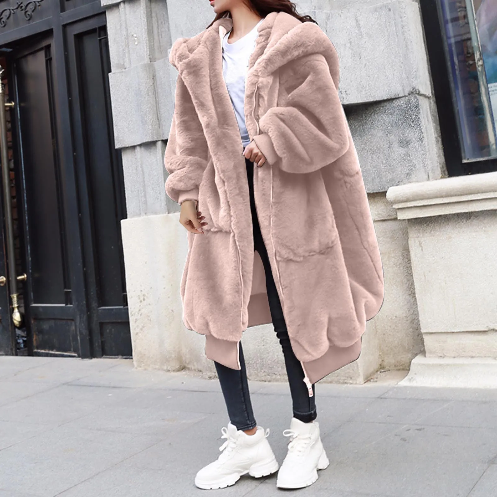 

2024 For Women with Big Hood Zipper Luxury Loose European Style Fashion Winter Long Warm Thick Grey Oversized Faux Fur Coat