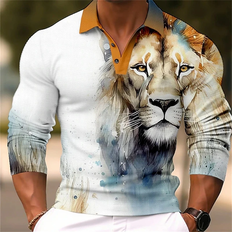 New Summer Men Long Sleeve Polo Shirt 3D Printed Lion Wlof Graphic Funny Polo Shirts Oversize Tops Tees Designer Outfit Clothing