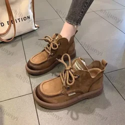 Womens Vintage Ankle Boots Brown Faux Suede Lace Up Flat Booties Woman Autumn New Fashion Solid Color Casual Short Botas Mujer