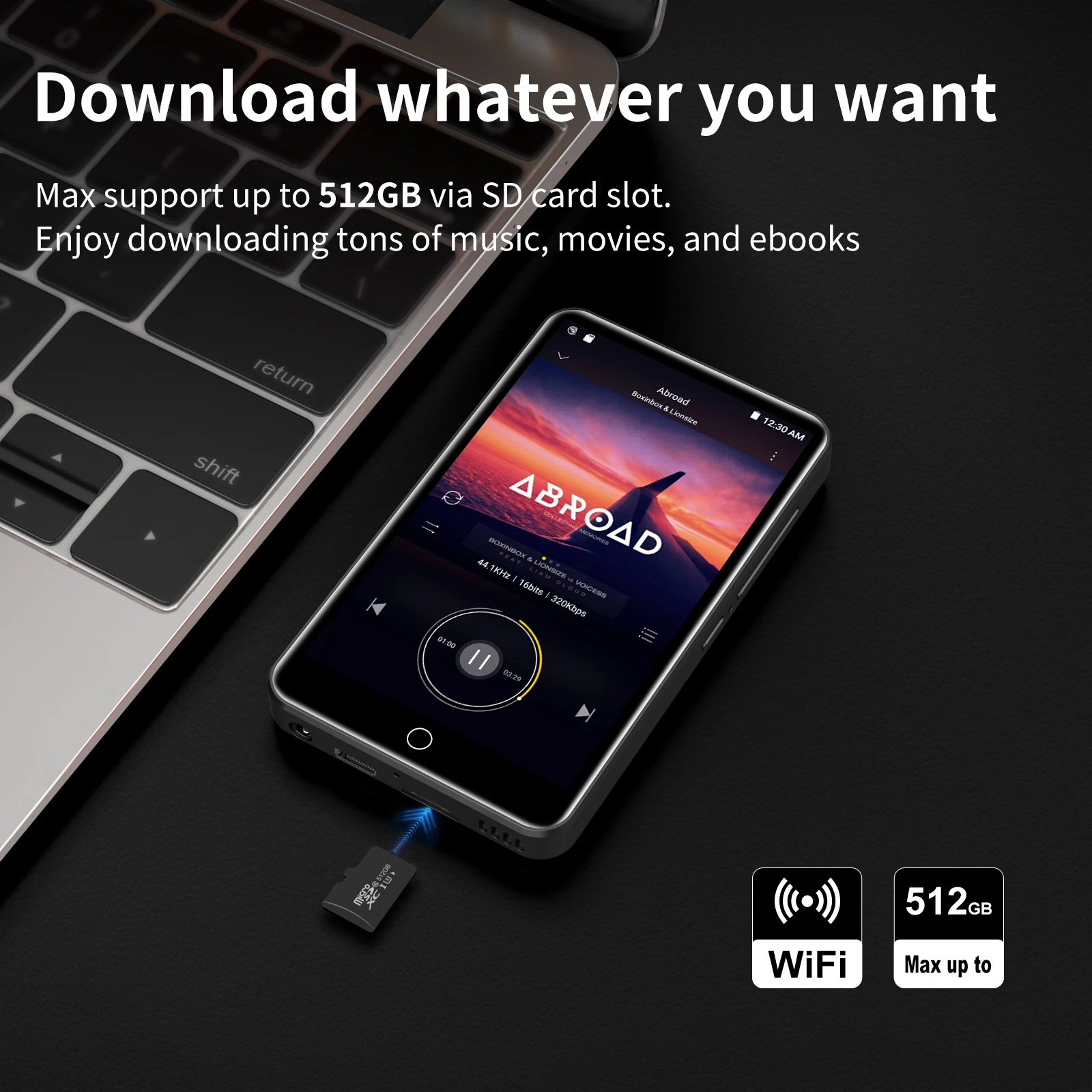 ZAQE MP3 player 80GB (16GB+64GB),  with Bluetooth and WiFi, 4.0-inch, with speaker, FM radio, e-book, capacity up to 512GB