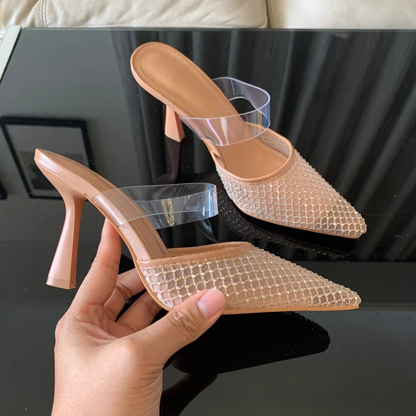 Luxury Woman Sandal Sexy Rhinestones Mesh Pointed Toe Slingback Brand Elegant Party High Heels Shoes for Lady Summer Footwear