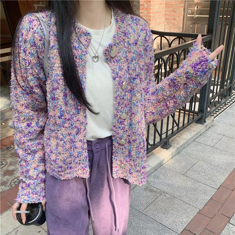 

Biyaby Autumn Winter Women's Purple Floral Cardigans Lazy Wind Long Sleeve Knitted Cardigan Woman Loose Streetwear Cardigans